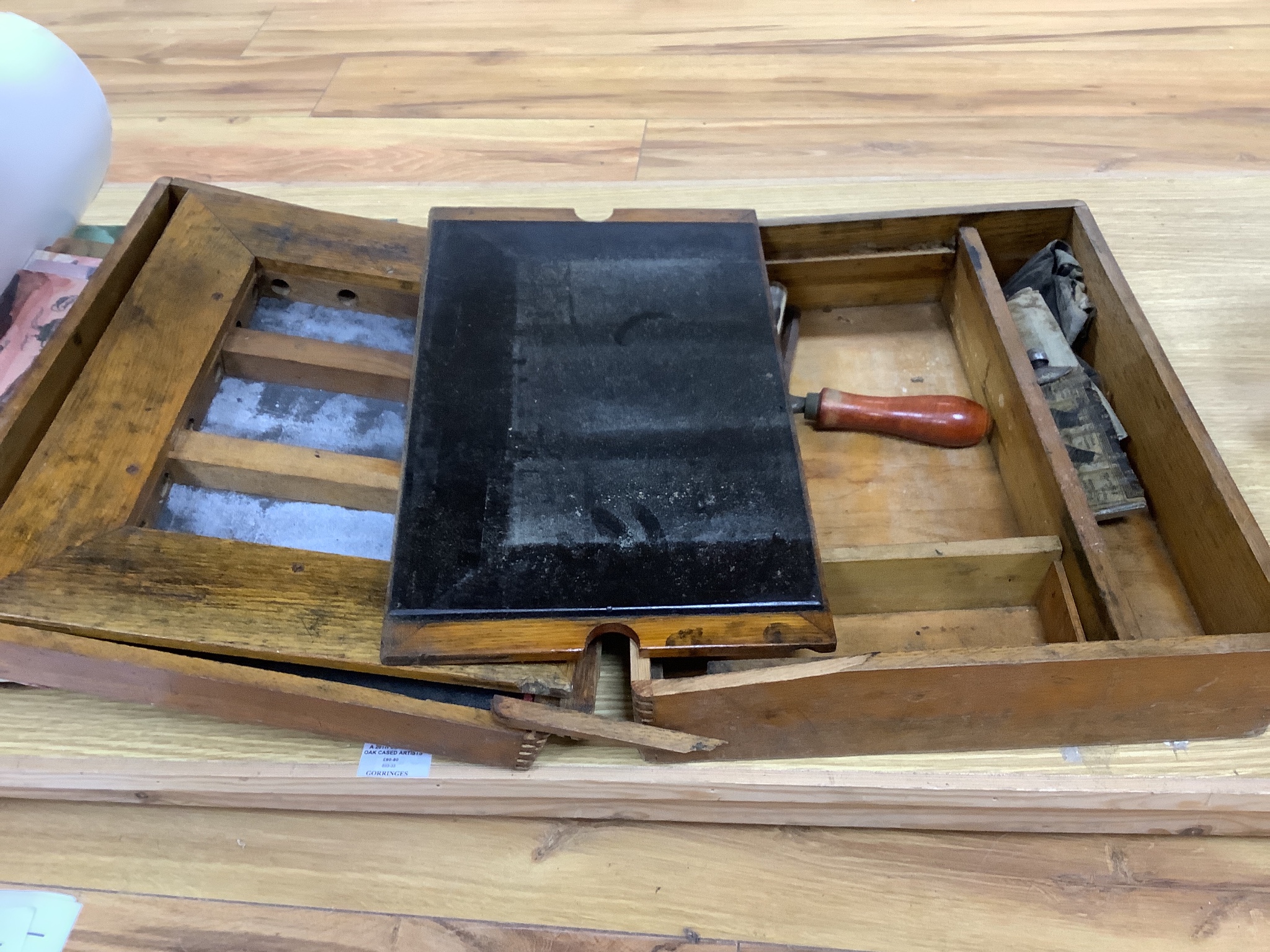 A 20th century oak cased artists’ box (A/F) together with eleven various oil studies on board, many signed and a collection of unframed French impressionist style studies (quantity)